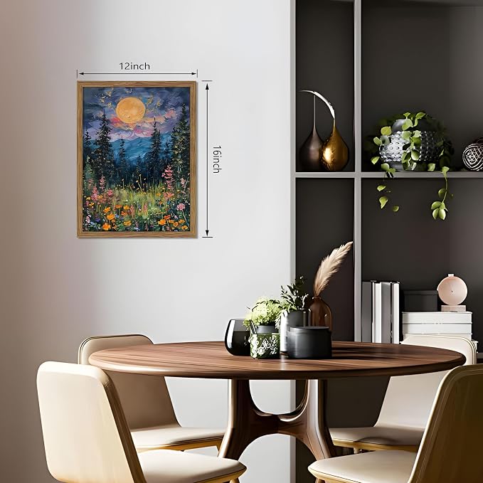 Framed Nature Forest Canvas Wall Art, Full Moon above Wildflowers and Woodland - Image 3