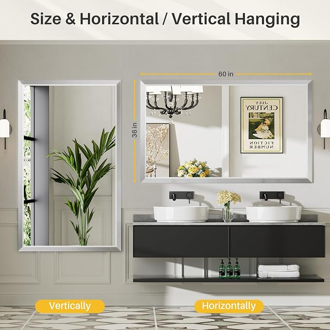 60x36 Inch Brushed Silver Bathroom Mirror - Image 4