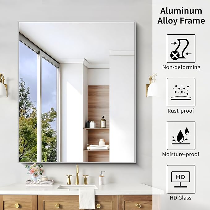 KOCUUY Silver Framed Mirror, HD Tempered Glass, Anti-Rust Brushed Silver Frame - Image 8