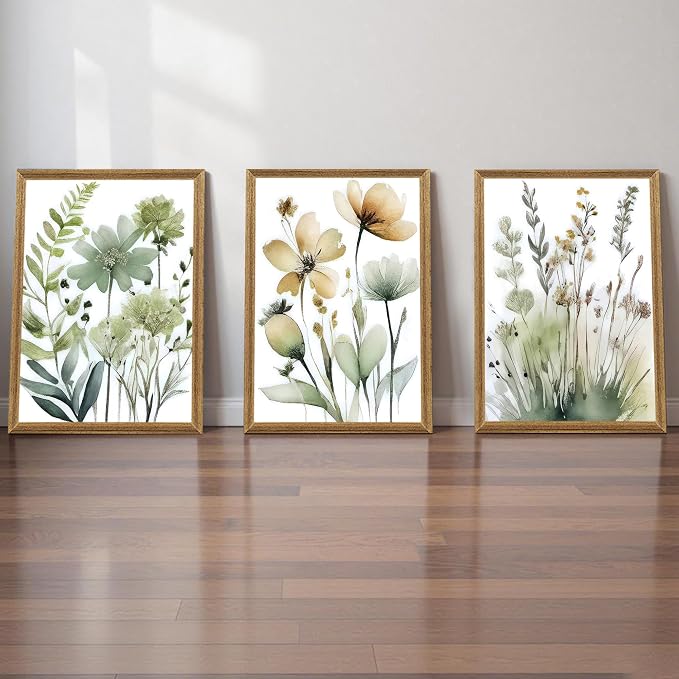 SYWENNOI 3 Pieces Wood Framed Green Botanical Canvas Wall Art, Boho Floral - Image 5