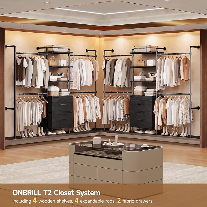 ONBRILL T2 Wall Mounted Industrial Pipe Clothing Rack, Closet Organizers and - Image 3