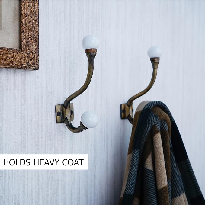 Indian Shelf Pack of 6 Heavy Duty Double Prong White Decorative Coat Hooks - Image 2