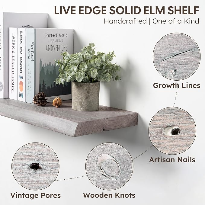 Long Live Edge Floating Shelf, 55 Inch Solid Elm Wood - Image 4