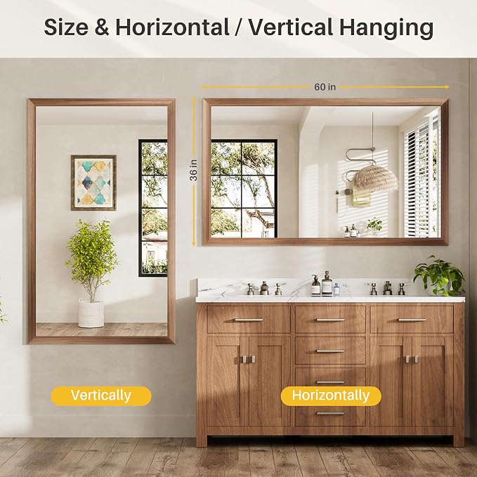 60x36 Inch Bathroom Mirror for Wall, Anti-Rust Walnut Wood Grain Metal Framed - Image 7