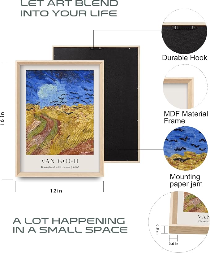 HesenDot Van Gogh Framed Wall Art Set of 3, 12x16 Inch Canvas Prints, Wheatfield - Image 3
