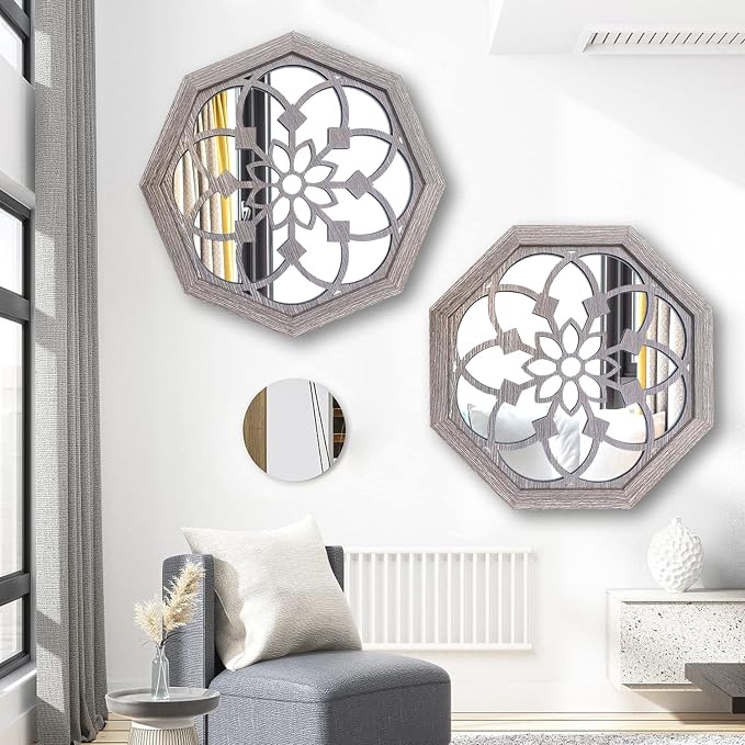 ZOLAPI 2 PCS 20 inch Octagon Wall-Mounted Mirrors, Vintage Farmhouse Mirror - Image 3