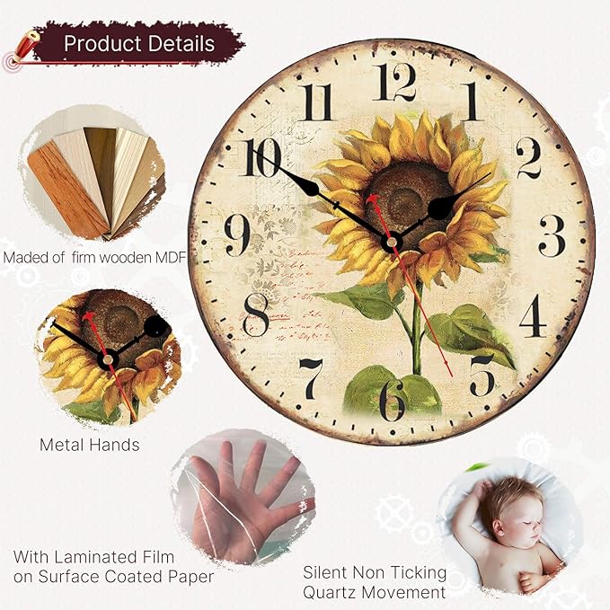 VIKMARI Art Decorative Arabic Numeral Wooden Wall Clock Battery Operated Quartz - Image 2