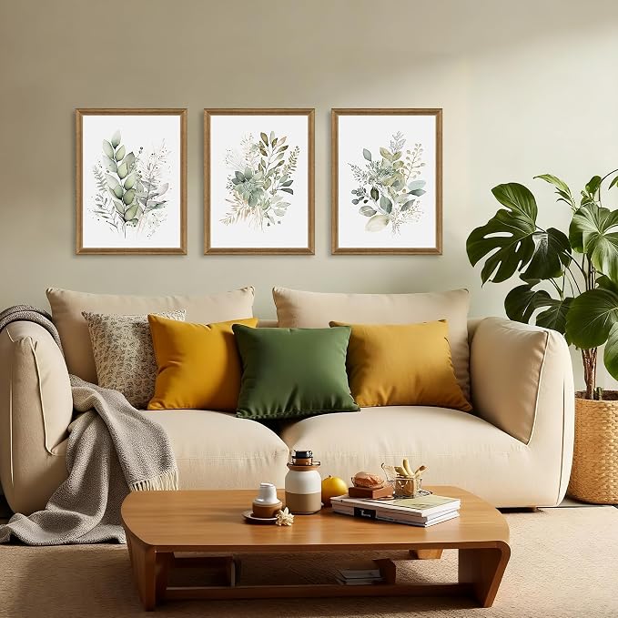 WRFON Framed Sage Green Botanical Wall Art Set of 3, Watercolor Eucalyptus & - Image 2