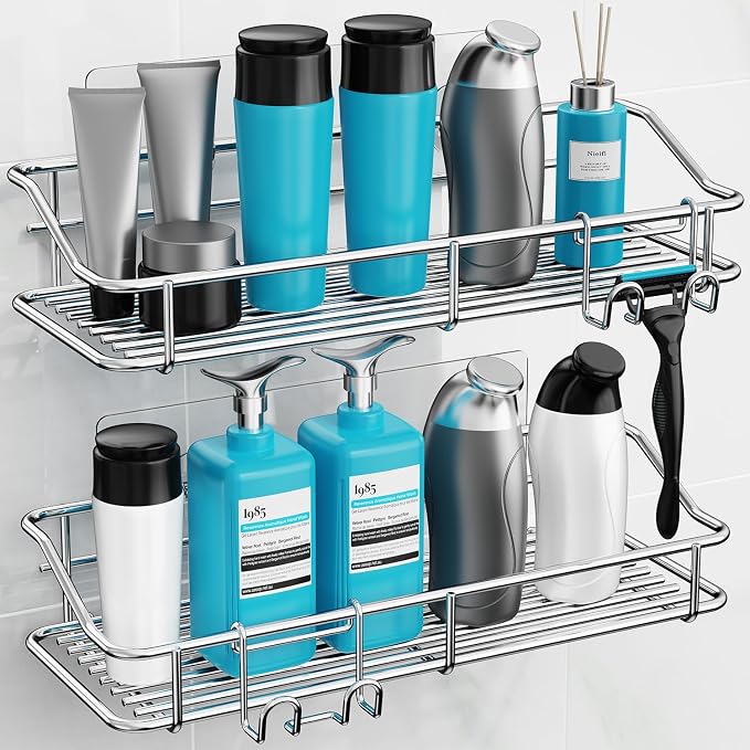 Nieifi Shower Caddy Shelf with Hooks Storage Rack Organizer Adhesive Stainless - Image 3