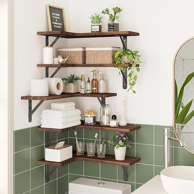 Fixwal Corner Floating Shelves for Wall Set of 5, Rustic Wood Wall Mounted - Image 6