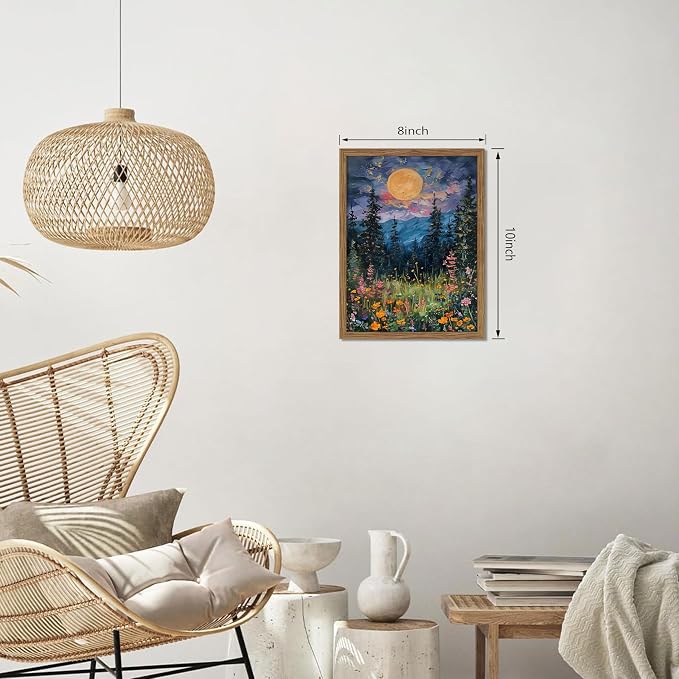 Framed Nature Forest Canvas Wall Art, Full Moon above Wildflowers and Woodland - Image 3
