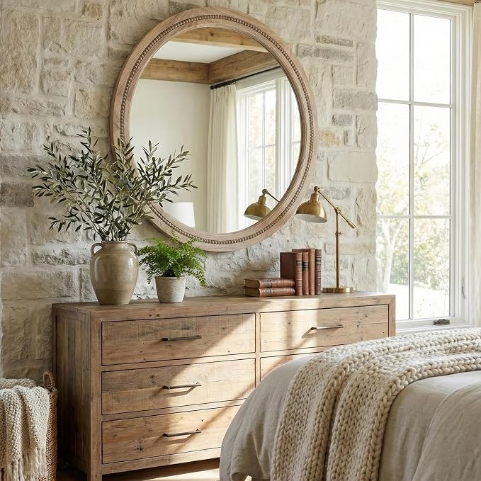 36" Large Round Wood Mirror for Living Room Fireplace, Big Solid Wood Wall - Image 6