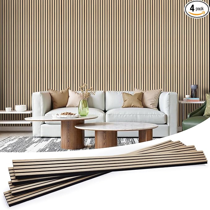 Wood Slat Wall Panels 4 Pack 94.5" x 7.9", Acoustic Wooden Panel by LARWORKS