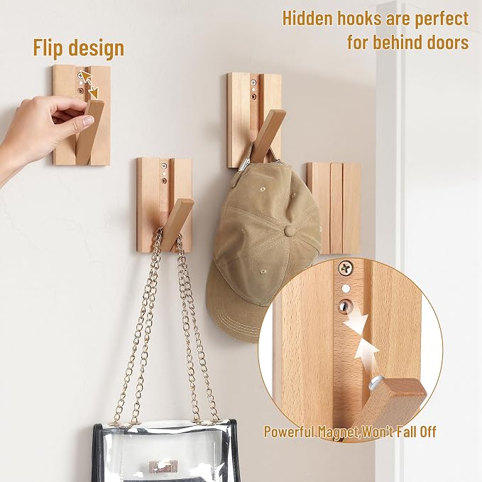 Wall Hooks for Small Space: Foldable Natural Wooden Coat Hooks 4Pack for - Image 3