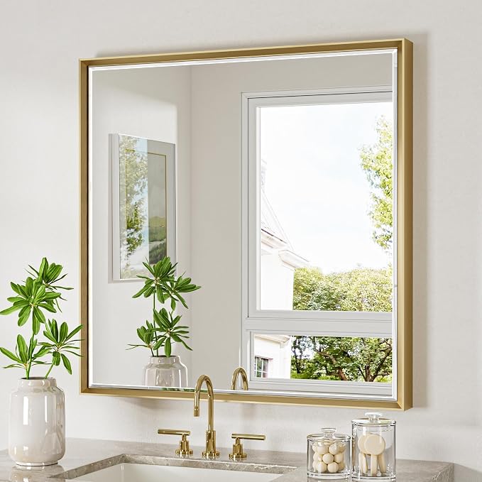 Gold Bathroom Mirror 36x36 Inch Square Beveled Bathroom Vanity Mirror Brushed by QUEENFUN