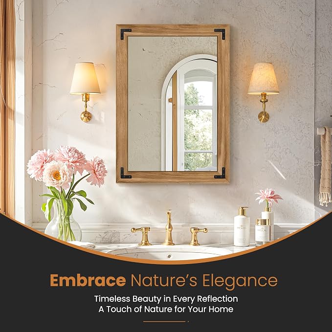 Bathroom Mirror for Wall with Wooden Frame, Vertical or Horizontal Hanging - Image 2
