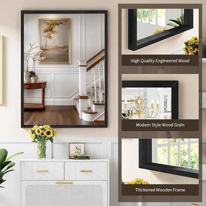 Syndra Black Wood Frame Bathroom Mirror, Waterproof Slim Deep Frame, - Image 3