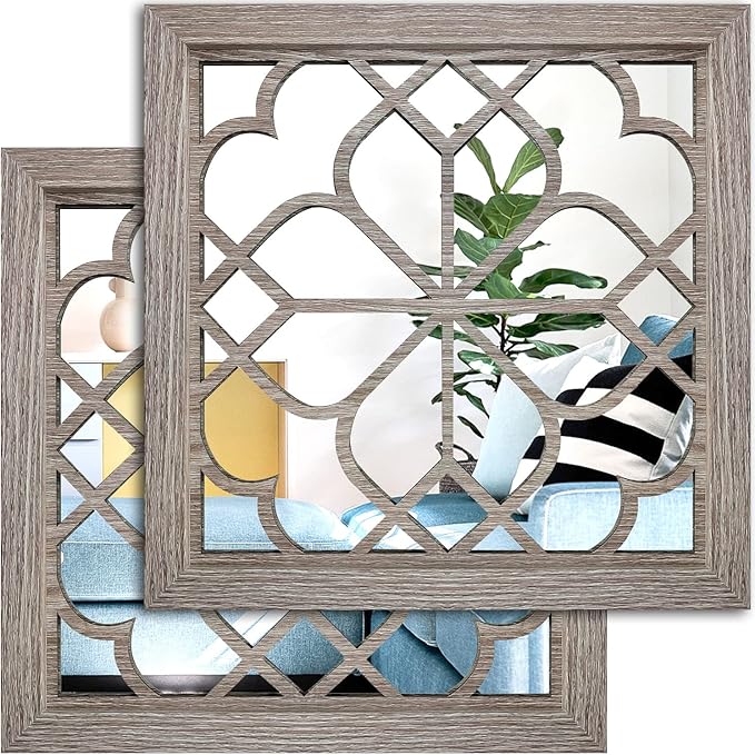 Wocred Set of 2 Farmhouse Square True Mirrors, Vintage Style Barn Wood Wall by Wocred