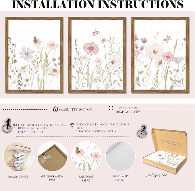 Framed Wildflower Wall Art Set of 3, Vintage Flower Botanical Paintings - Image 4
