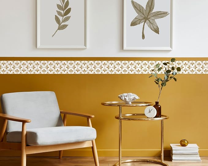FLFK Wallpaper Border Gold and White Patterns Peel and Stick Wall Border Self - Image 3