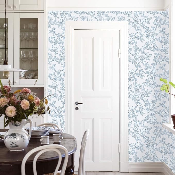 Ismoon Vintage Floral Peel and Stick Wallpaper White and Blue Wallpapaer - Image 7
