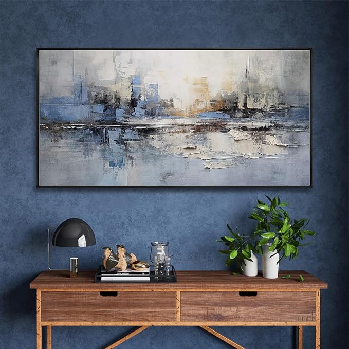 Abstract wall Art Framed Artwork Blue and Gray White Decor Modern Canvas Wall - Image 5