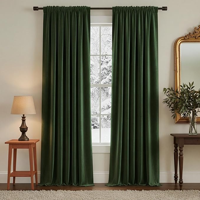 NICETOWN Room Darkening Dark Green Velvet Curtain Panels - Image 4