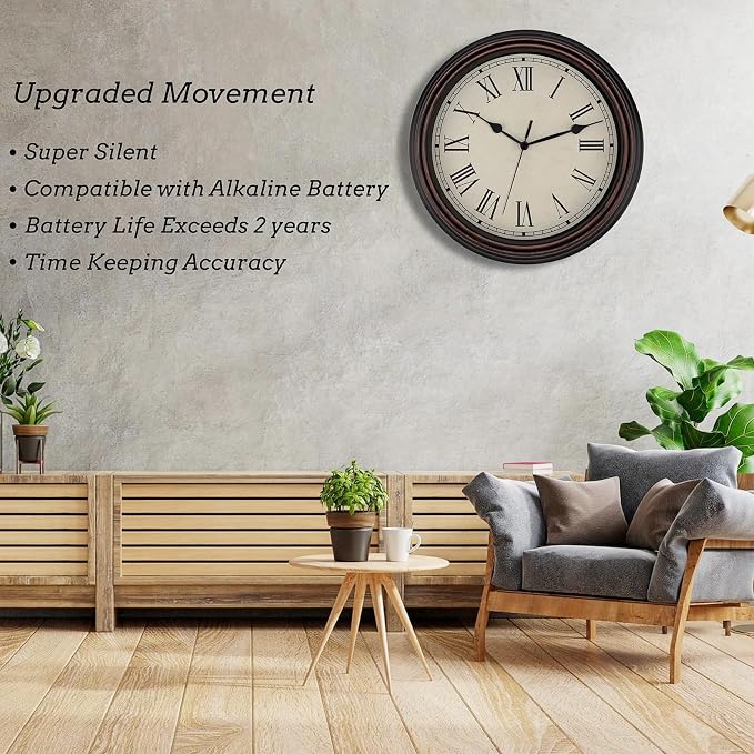 Foxtop 14 Inch Roman Numerals Wall Clock Battery Operated Silent Non-Ticking - Image 3