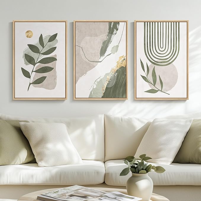 Large Framed Boho Sage Green Abstract Wall Art by MXART