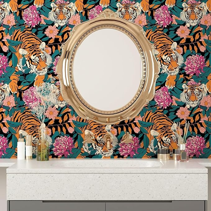 BOKEBEVE Orange Tiger Wallpapers Tiger Print Peel and Stick Wallpaper Jungle - Image 2