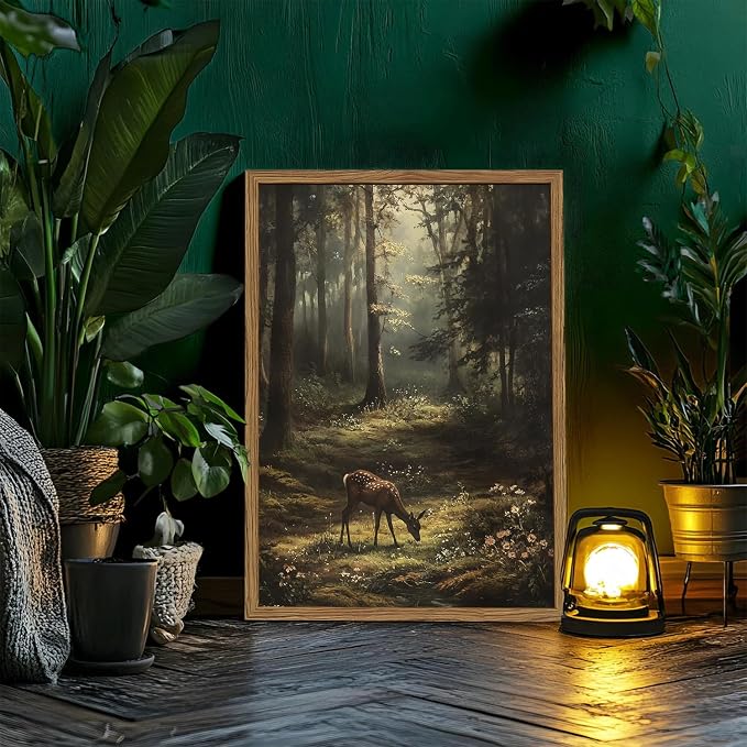Framed Vintage Forest Deer Canvas Wall Art, Rustic Nature Landscape Paintings - Image 2