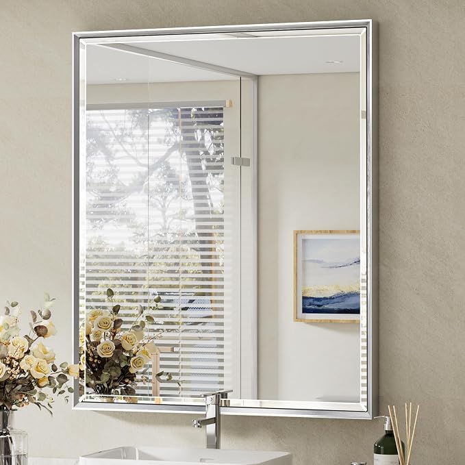 Silver Bathroom Mirror, 30x36 Inch Beveled Silver Vanity Mirror by QUEENFUN