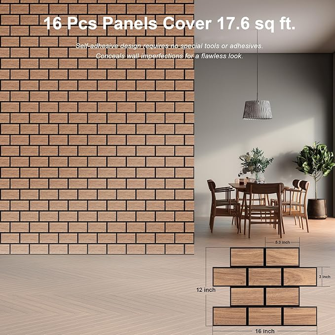 WoveN SounD Brick Acoustic Wall Panels, 16 Pack 16x12 Inch, PVC Wood Grain - Image 2