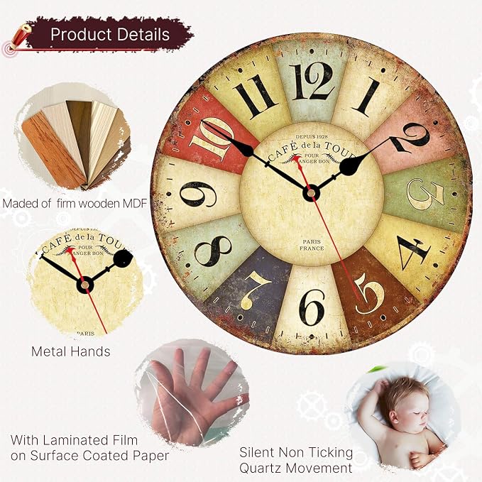 VIKMARI Clocks Battery Operated Wooden Wall Clock Retro Rustic Clock Decorative - Image 2