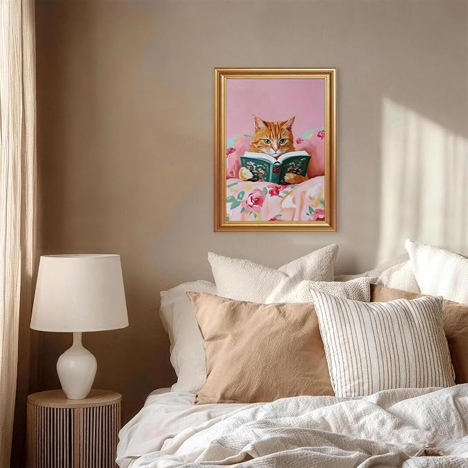 Fantasy Artists Gold Framed Wall Art Prints, Cute Orange Cat Reading a Green - Image 3