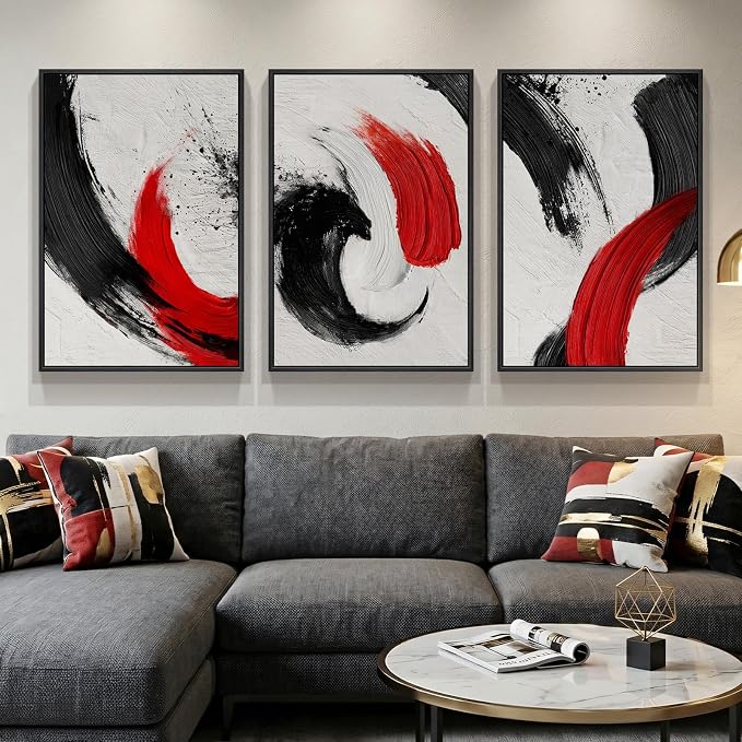 Large Framed Red Black White Abstract Wall Art by Cuspin