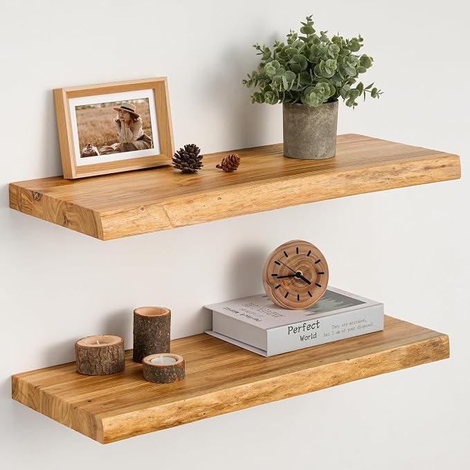Floating Shelves Set of 2, Solid Elm Wood Wall Shelves 24 Inch by Unknown