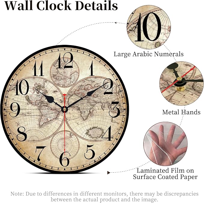 14 Inch Wooden Wall Clock Globe World Map Retro Vintage Rustic Wall Clocks - Image 3