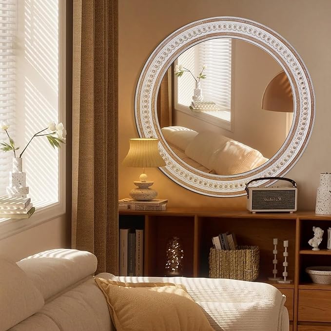 30 Inches Farmhouse Large Round Wall Mirrors Wooden, Rustic Decorative Circle - Image 3
