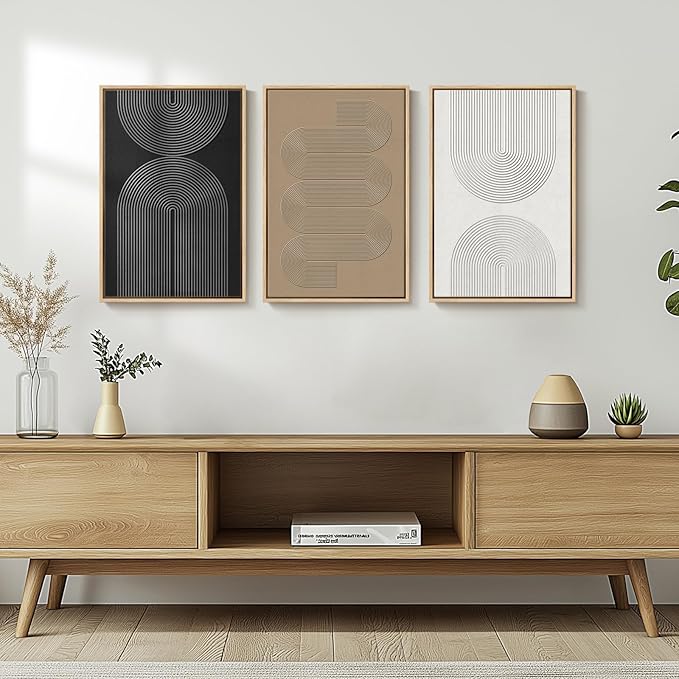 Framed Black and White Brown Abstract Wall Art, 3 Piece Boho Geometric Canvas - Image 4