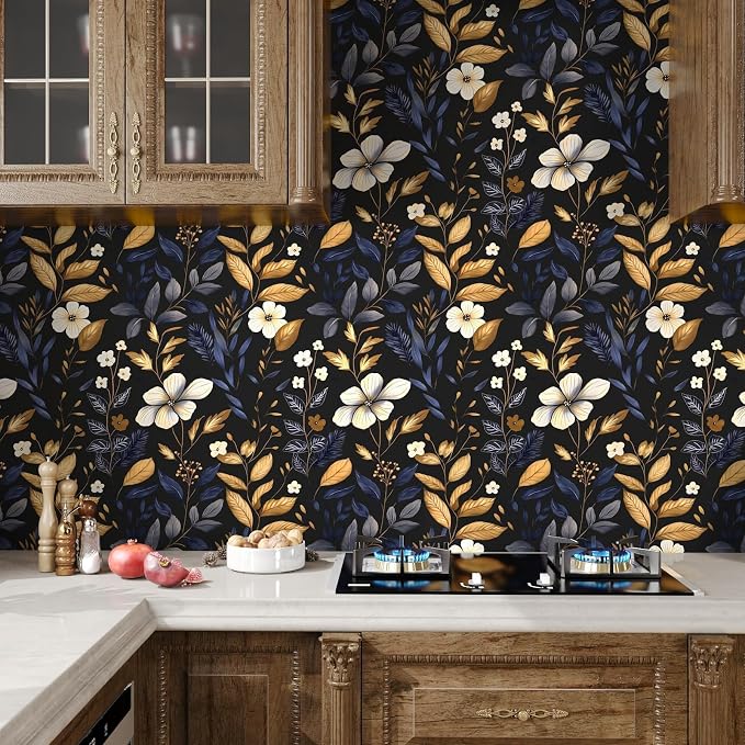 Laatse Blue/Gold Leaf Wallpaper Peel and Stick Vintage Dark Floral Wallpaper - Image 6