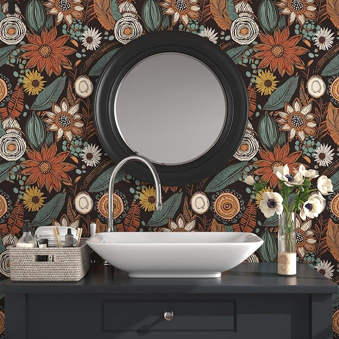 Rustic Boho Wallpaper Peel and Stick, Vintage Dark Brown Floral Contact Paper - Image 2