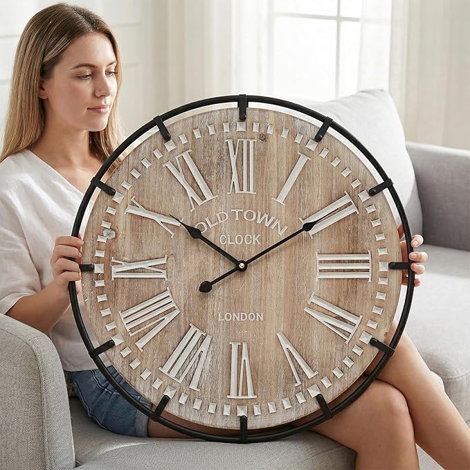 EMAX HOME 24 Inch Large Farmhouse Wall Clock, Rustic Antique Wood - Image 2