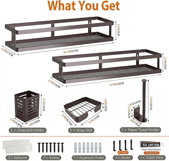 PUSDON 5-in-1 16.5" Extra Long Kitchen Organizer & Shower Caddy Set, Wall Mount - Image 2
