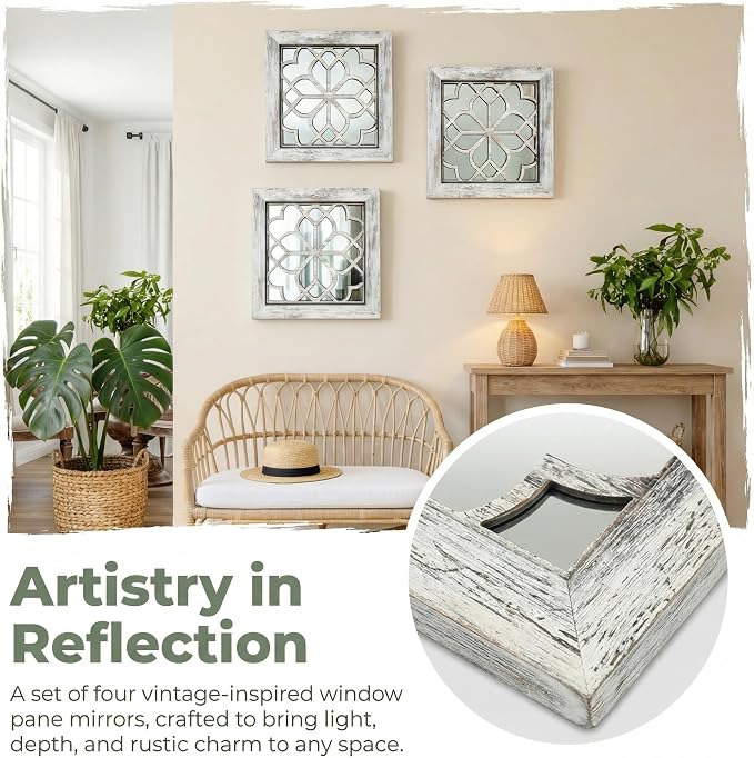 Set of 4 14 Inch Square Grey Window Pane Wall Mirrors, Shatterproof Rustic - Image 4