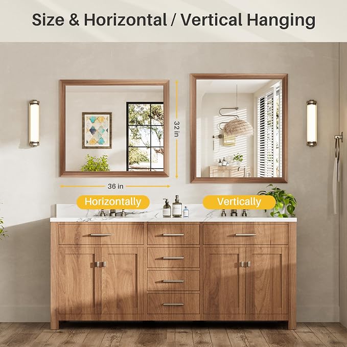 36x32 Inch Bathroom Mirror for Wall, Anti-Rust Walnut Wood Grain Metal Framed - Image 7