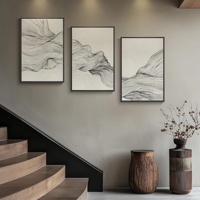 Large Framed Neutral Modern Abstract Wall Art, 3 Piece Black and Beige Canvas - Image 3