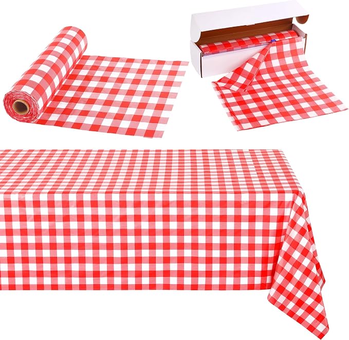 Kochorie 54 Inch x 100 Ft Red Checkered Plastic Table Cloth Roll Disposable by Kochorie