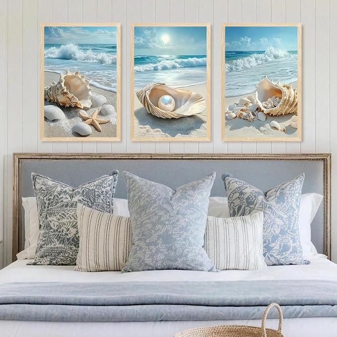 SYWENNOI 3 Piece Wood Framed Beach Wall Art, Sandy Shore, Pearl in Shell - Image 2