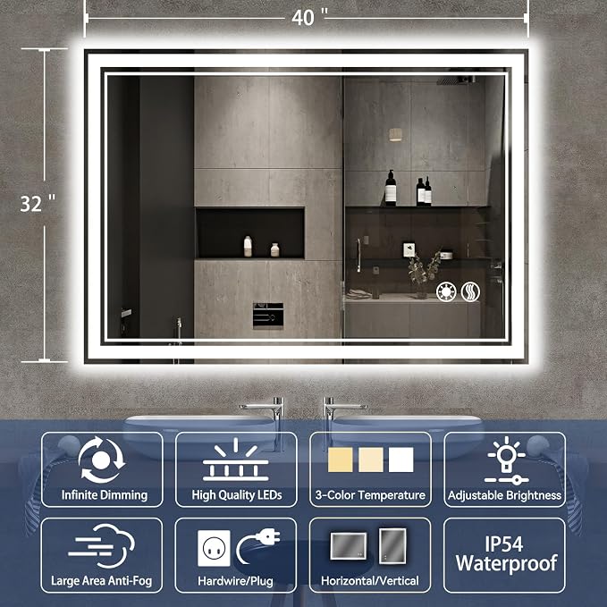 40“ x 32” Bathroom Mirror with Lights LED Mirror - Image 2